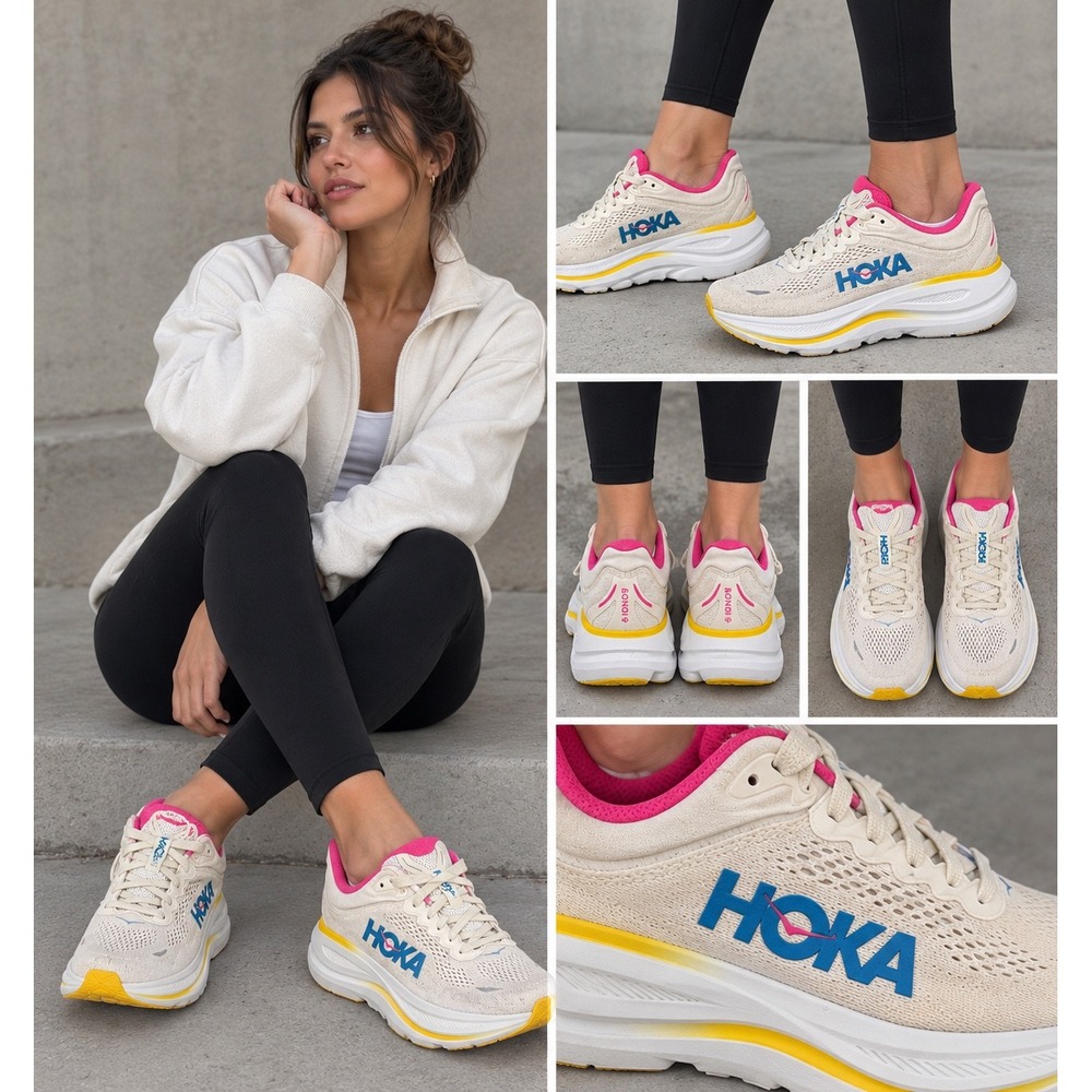 Hoka One One Bondi 8 Cream Pink Yellow Running Shoes Sneakers Women 1127952